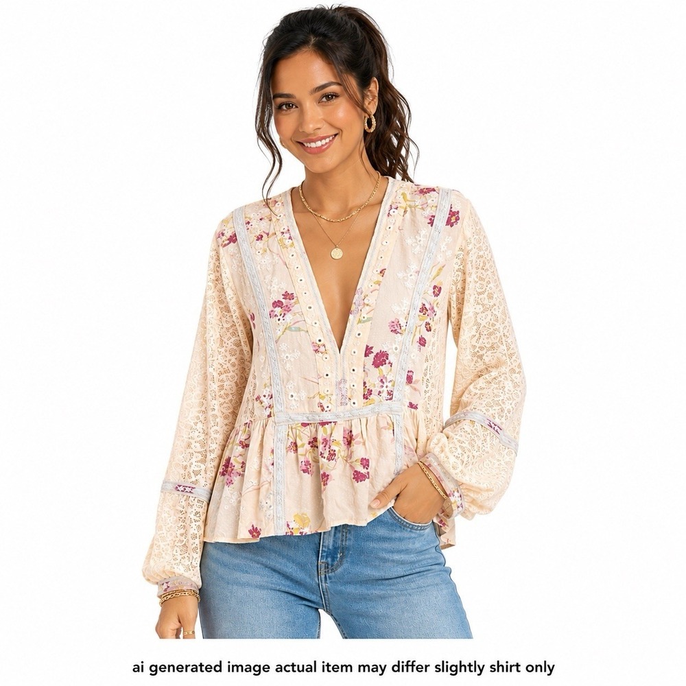 FREE PEOPLE Women ivory Boogie All Night Lace Balloon Sleeves Boho Top Size S